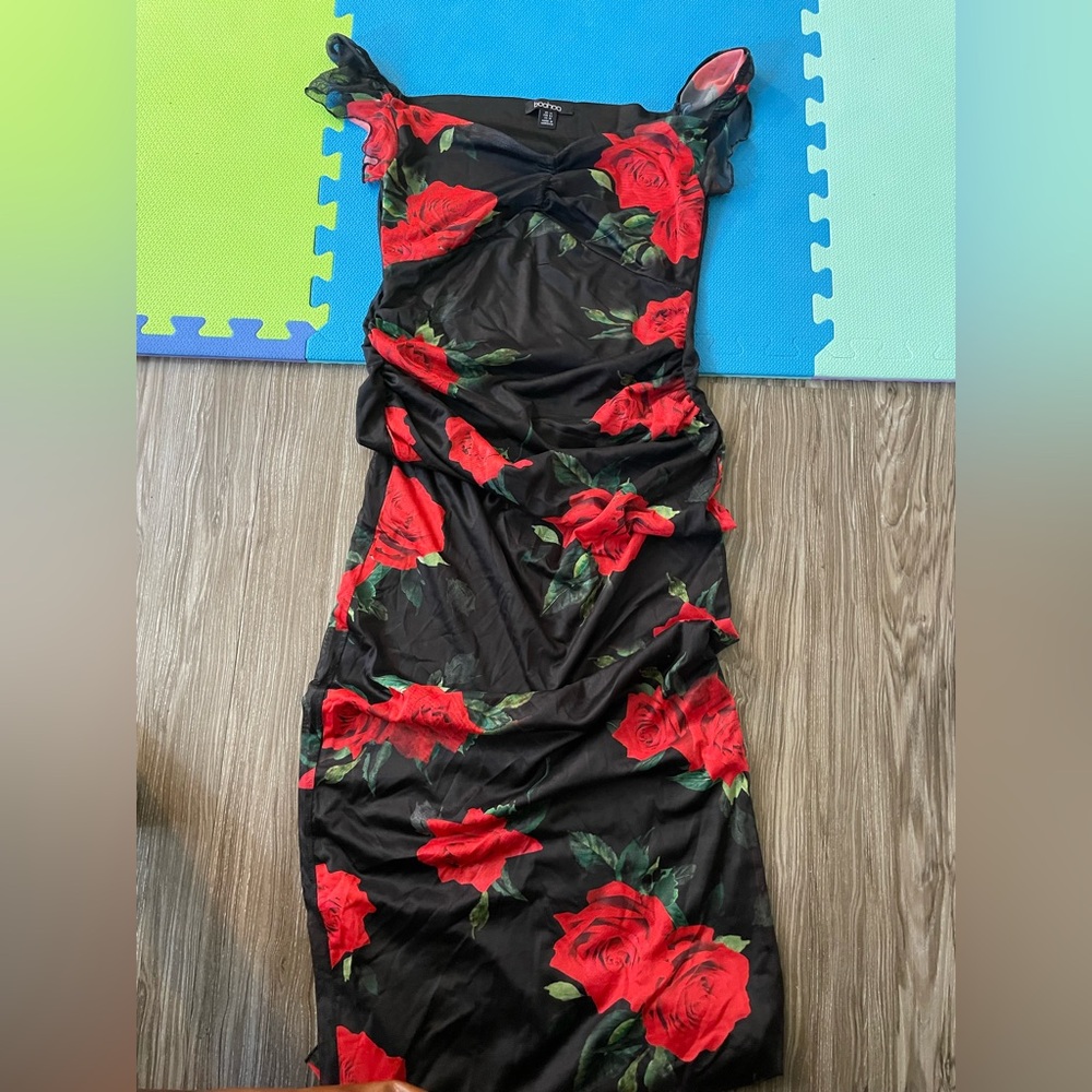 Black Maternity Dress with Red Rose Print